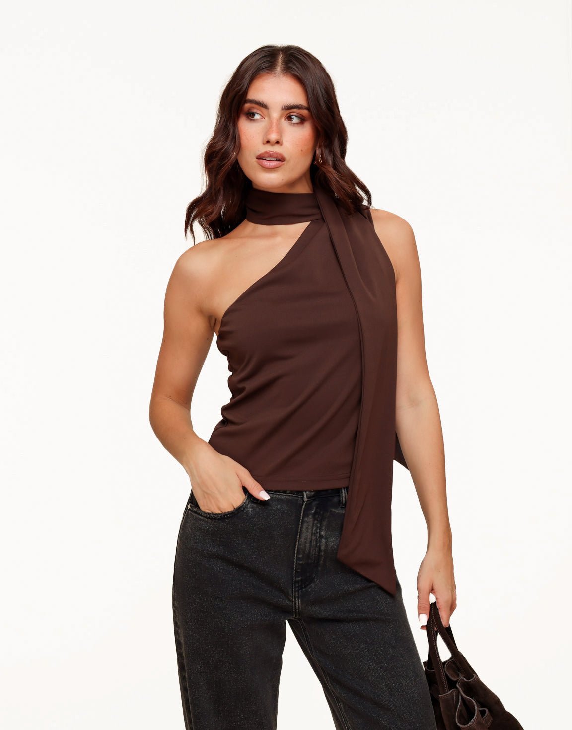 Donkerbruine One Shoulder Sjaal Detail - Top - Olivia & Kate