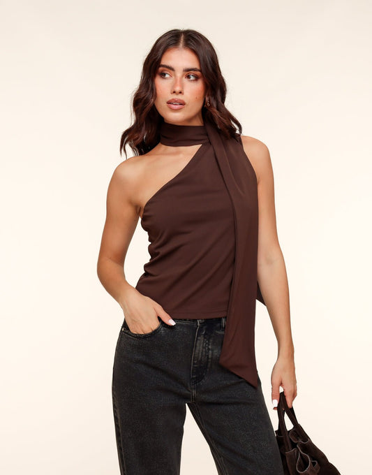 Donkerbruine One Shoulder Sjaal Detail - Top - Olivia & Kate