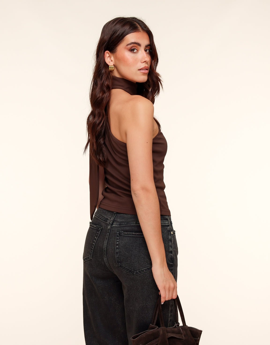 Donkerbruine One Shoulder Sjaal Detail - Top - Olivia & Kate