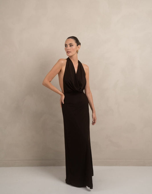 Donkerbruine Open Halter Lange - Jurk - Olivia & Kate
