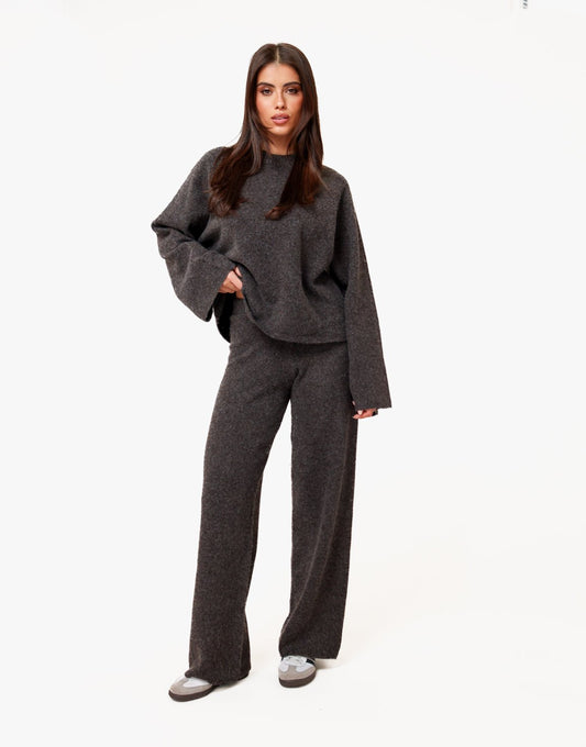 Donkerbruine Premium Gebreide Wijde - Broek - Olivia & Kate