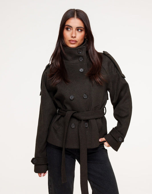 Donkerbruine Premium Korte Wollen Trench - Jas - Olivia & Kate