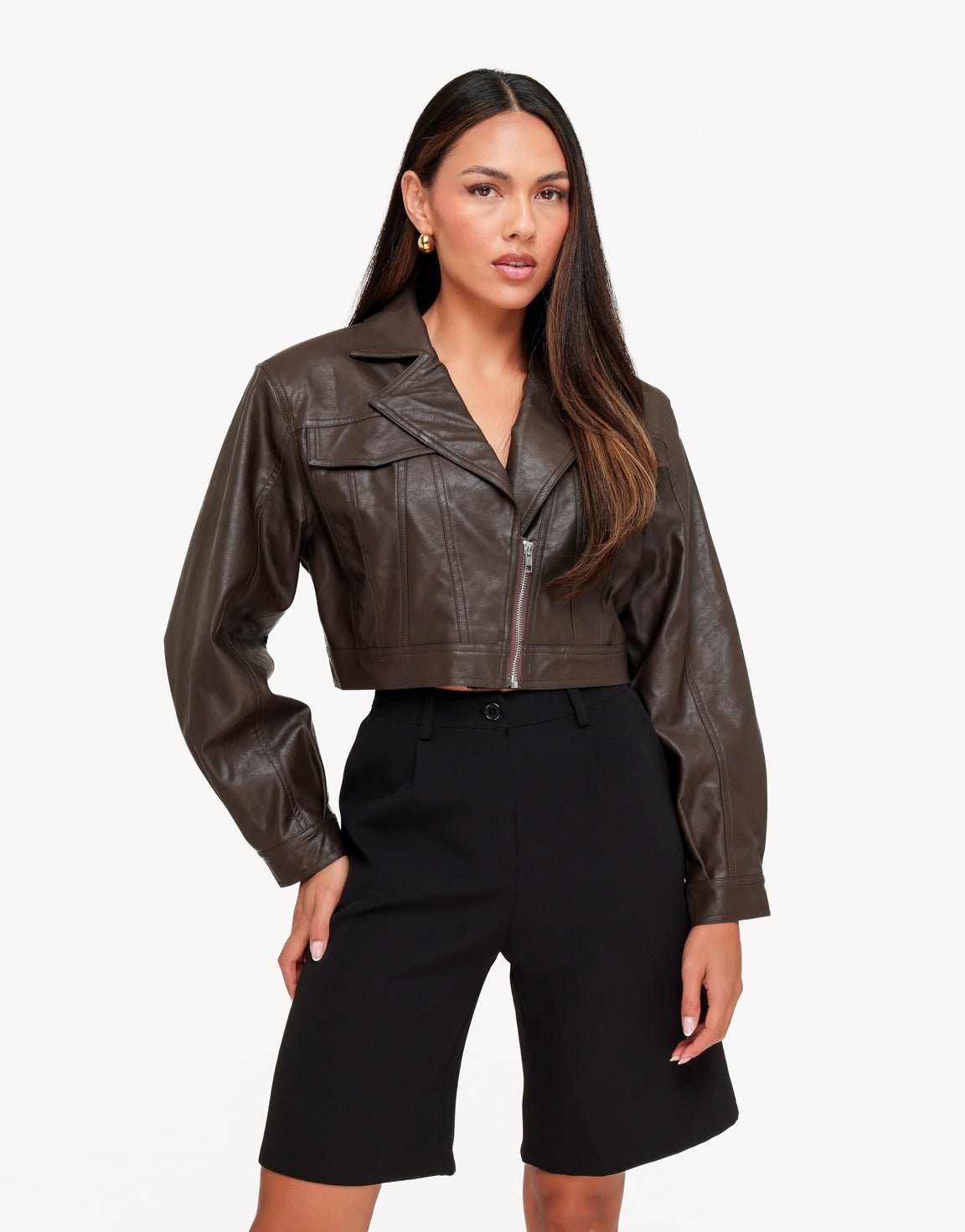 Donkerbruine PU Cropped Biker - Jas - Olivia & Kate