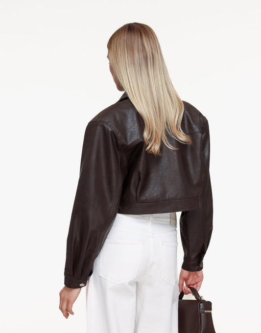 Donkerbruine PU Cropped Biker Jas + Witte Ballon Spijkerbroek - Set - Olivia & Kate