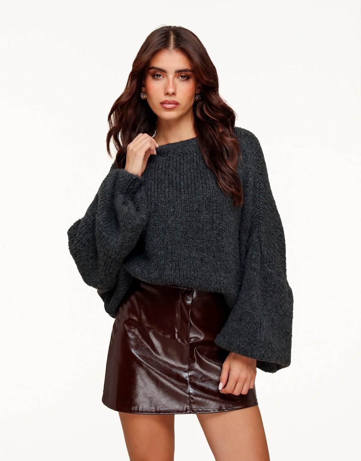 Donkerbruine PU Leren Glanzende - Rok - Olivia & Kate