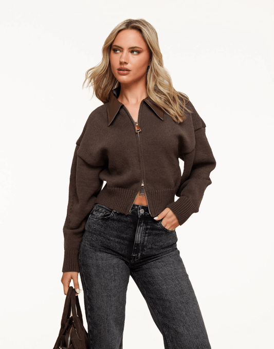 Donkerbruine PU Leren Kraag Gebreide - Vest - Olivia & Kate