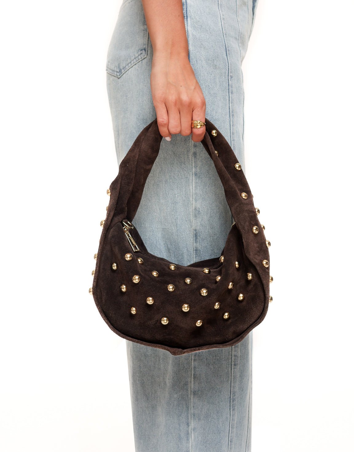 Donkerbruine Ronde Gouden Studs - Tas - Olivia & Kate