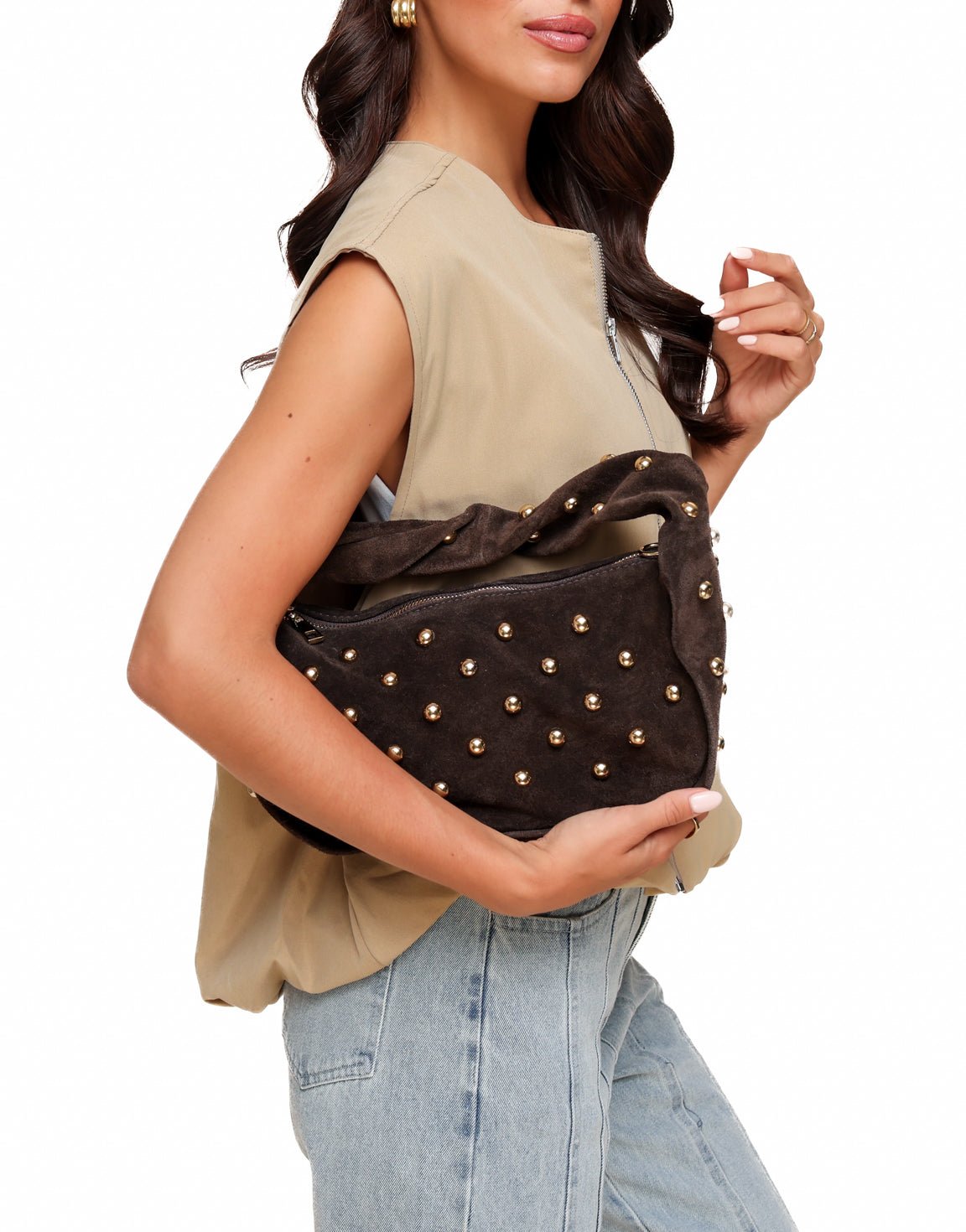 Donkerbruine Ronde Gouden Studs - Tas - Olivia & Kate