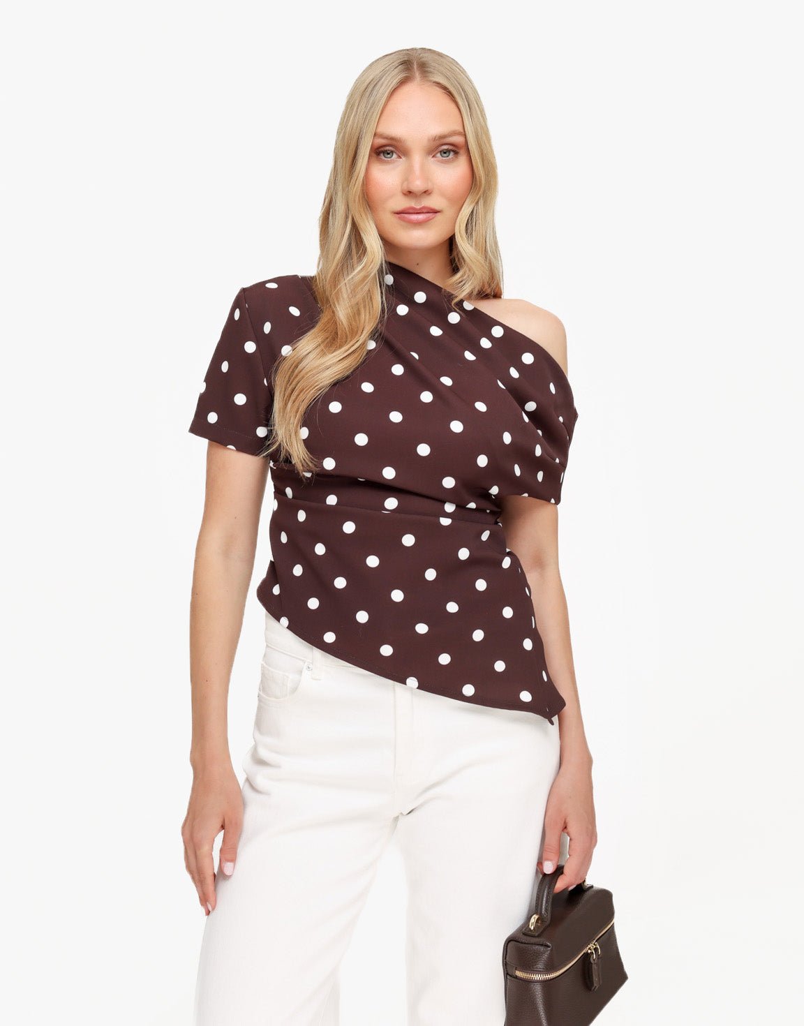 Donkerbruine Stippen Gedrapeerde Off Shoulder - Top | Olivia