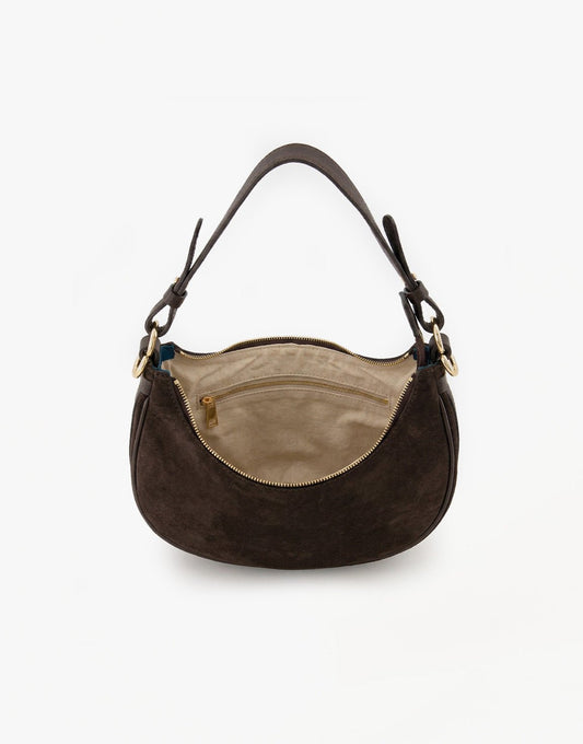 Donkerbruine Suede Kleine Half Ronde - Tas - Olivia & Kate