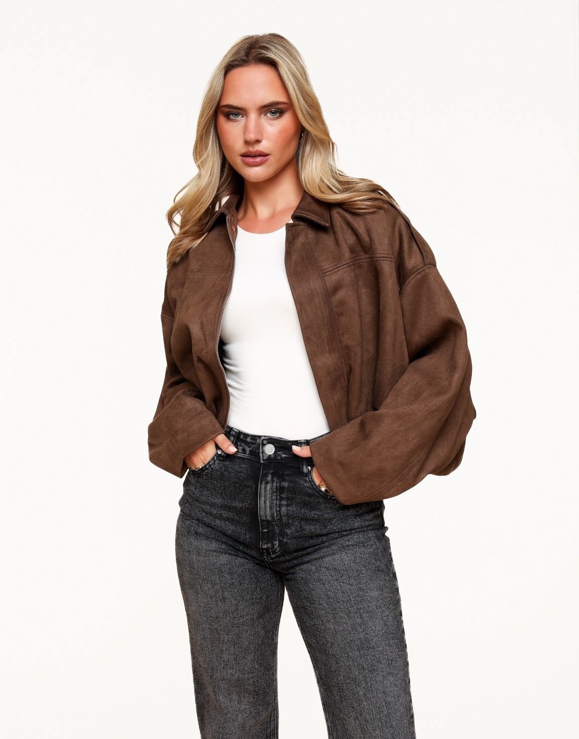 Donkerbruine Suede Wijde Bomber - Jas - Olivia & Kate