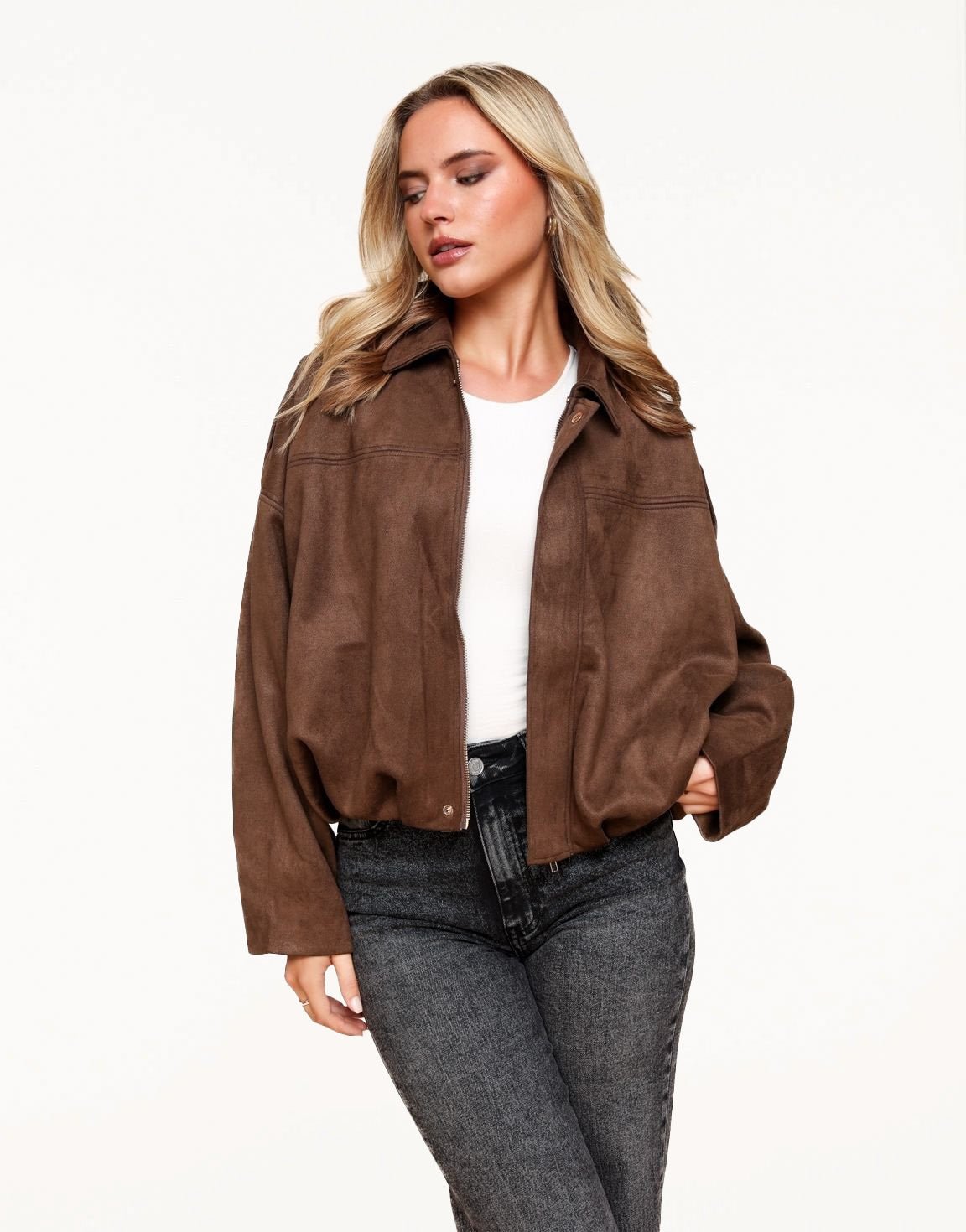 Donkerbruine Suede Wijde Bomber - Jas - Olivia & Kate