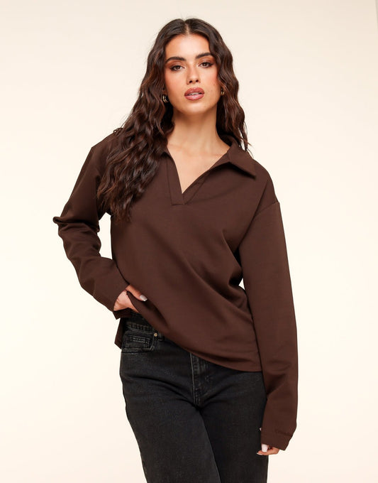 Donkerbruine V - Hals Losse LS - T-shirt - Olivia & Kate