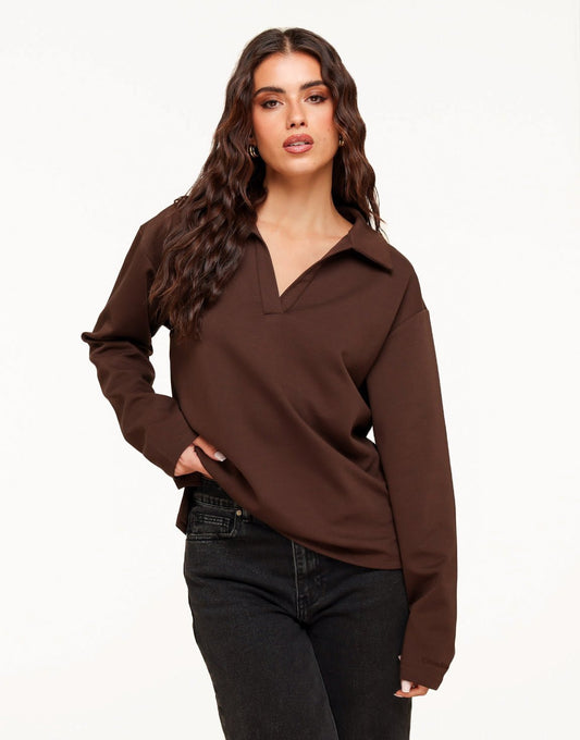 Donkerbruine V - Hals Losse LS - T-shirt - Olivia & Kate