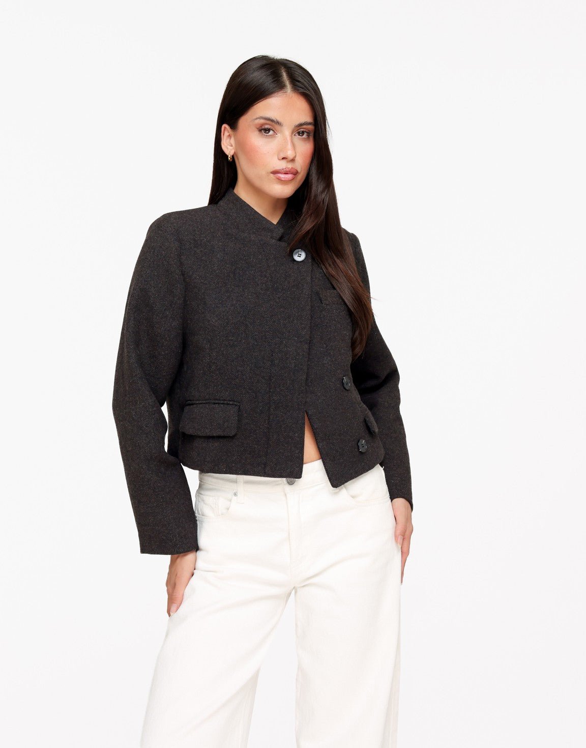 Donkerbruine Wollen Hoge Knoop Split Detail LS - Jas - Olivia & Kate