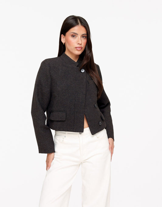 Donkerbruine Wollen Hoge Knoop Split Detail LS - Jas - Olivia & Kate