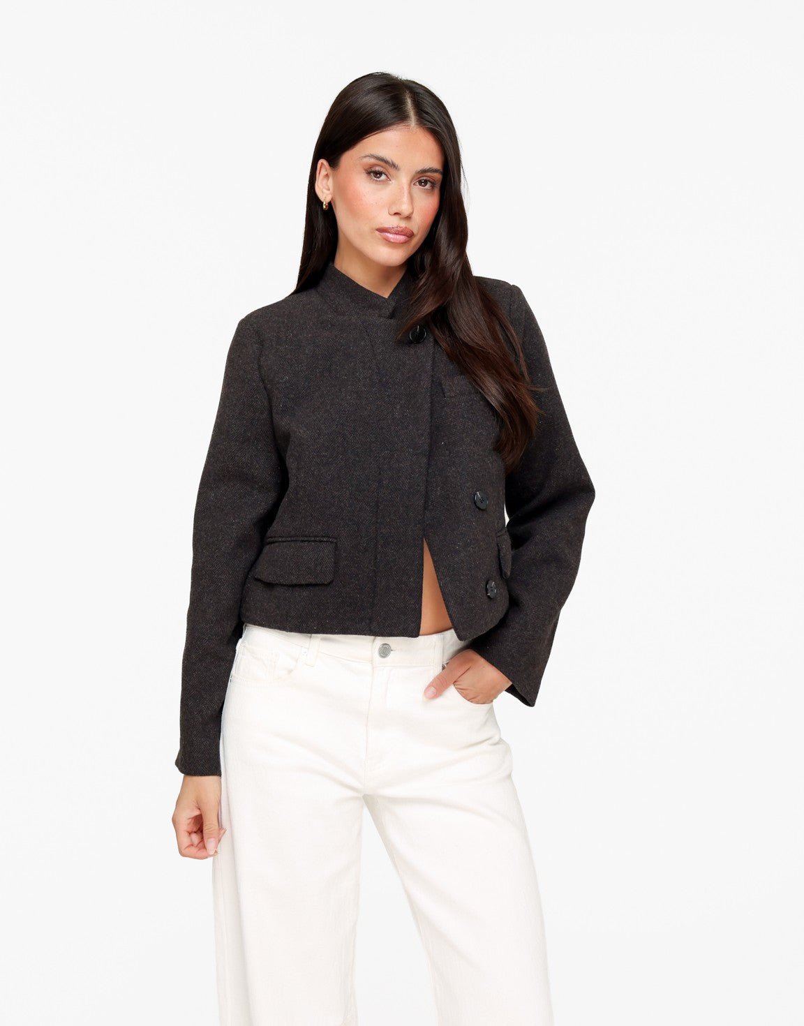 Donkerbruine Wollen Hoge Knoop Split Detail LS - Jas - Olivia & Kate