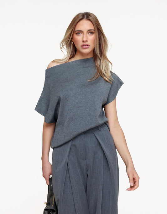 Donkergrijze Gebreide One Shoulder - Top - Olivia & Kate
