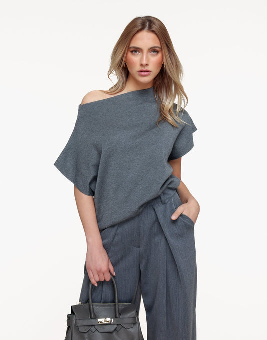 Donkergrijze Gebreide One Shoulder - Top - Olivia & Kate