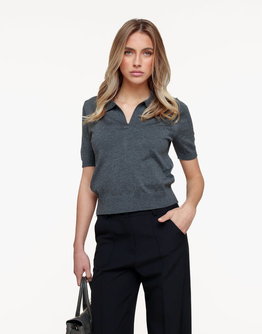 Donkergrijze Gebreide SS Polo - Top - Olivia & Kate