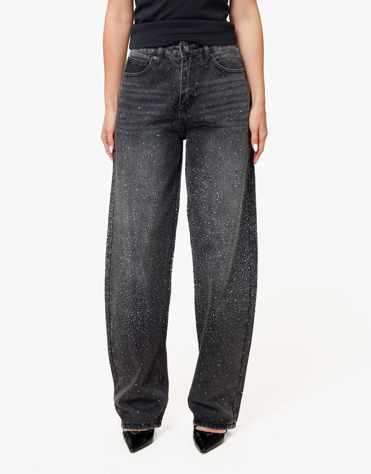 Donkergrijze Glitter Stenen Wijde - Spijkerbroek - Olivia & Kate