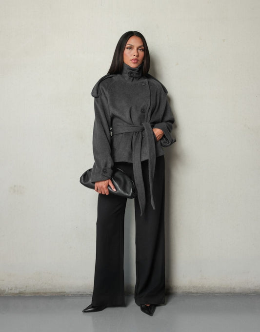 Donkergrijze Oversized Kraag Ceintuur - Jas - Olivia & Kate