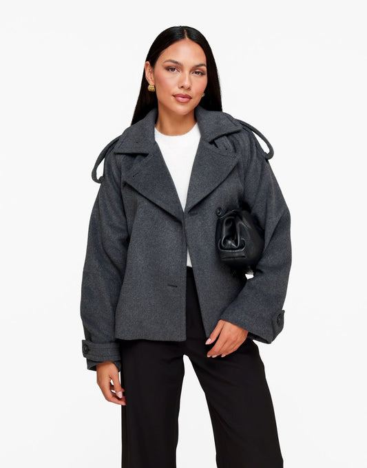 Donkergrijze Oversized Kraag Ceintuur - Jas - Olivia & Kate