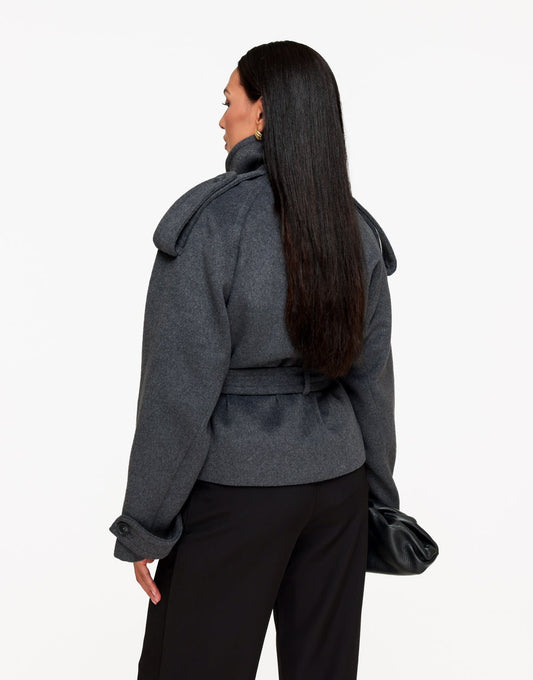 Donkergrijze Oversized Kraag Ceintuur - Jas - Olivia & Kate