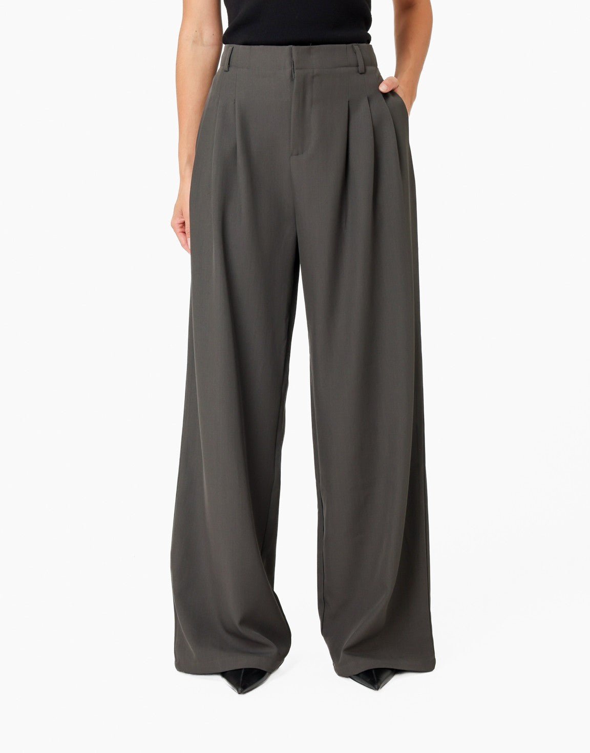 Donkergrijze Wijde Pasvorm Plooien - Pantalon - Olivia & Kate