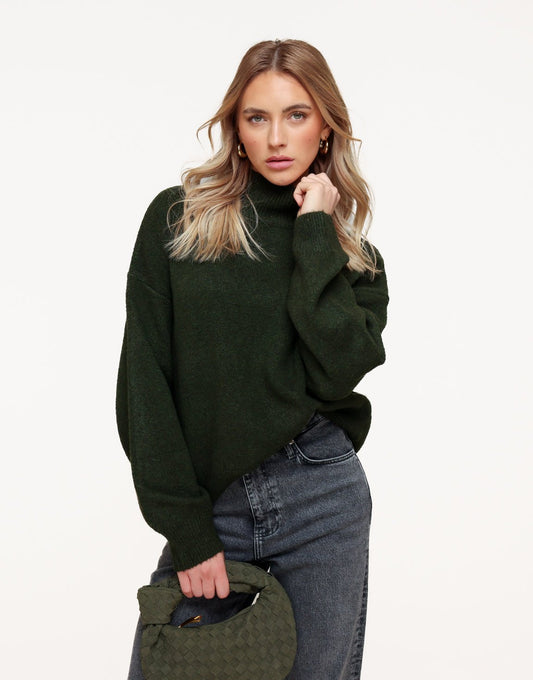 Dark Green Knitted High Neck Balloon Sleeves - Sweater - Olivia & Kate
