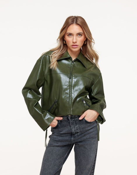 Dark Green Straight PU Leather - Jacket | Olivia & Kate - Olivia