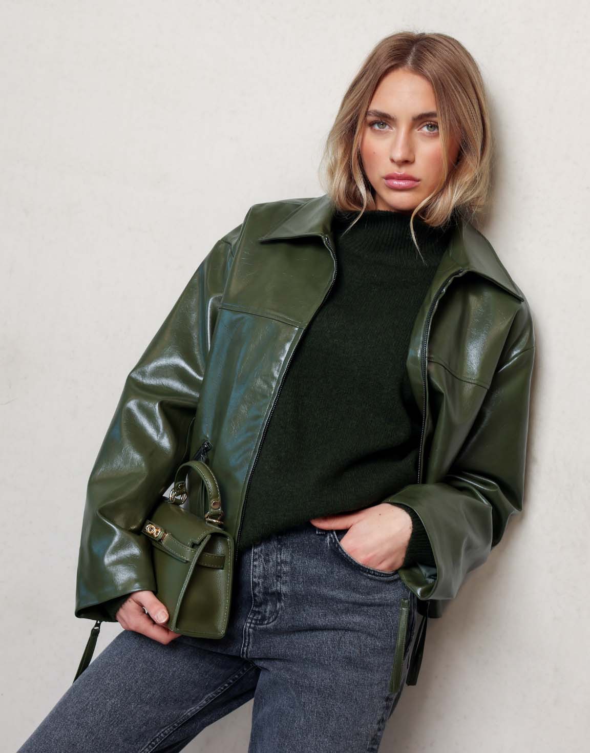 Dark Green Straight PU Leather - Jacket | Olivia & Kate - Olivia