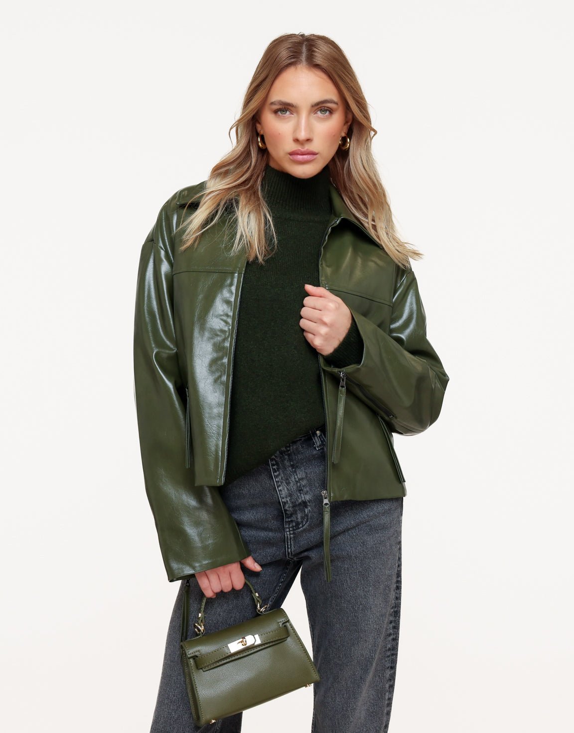 Donkergroene Rechte PU Leren - Jas - Olivia & Kate
