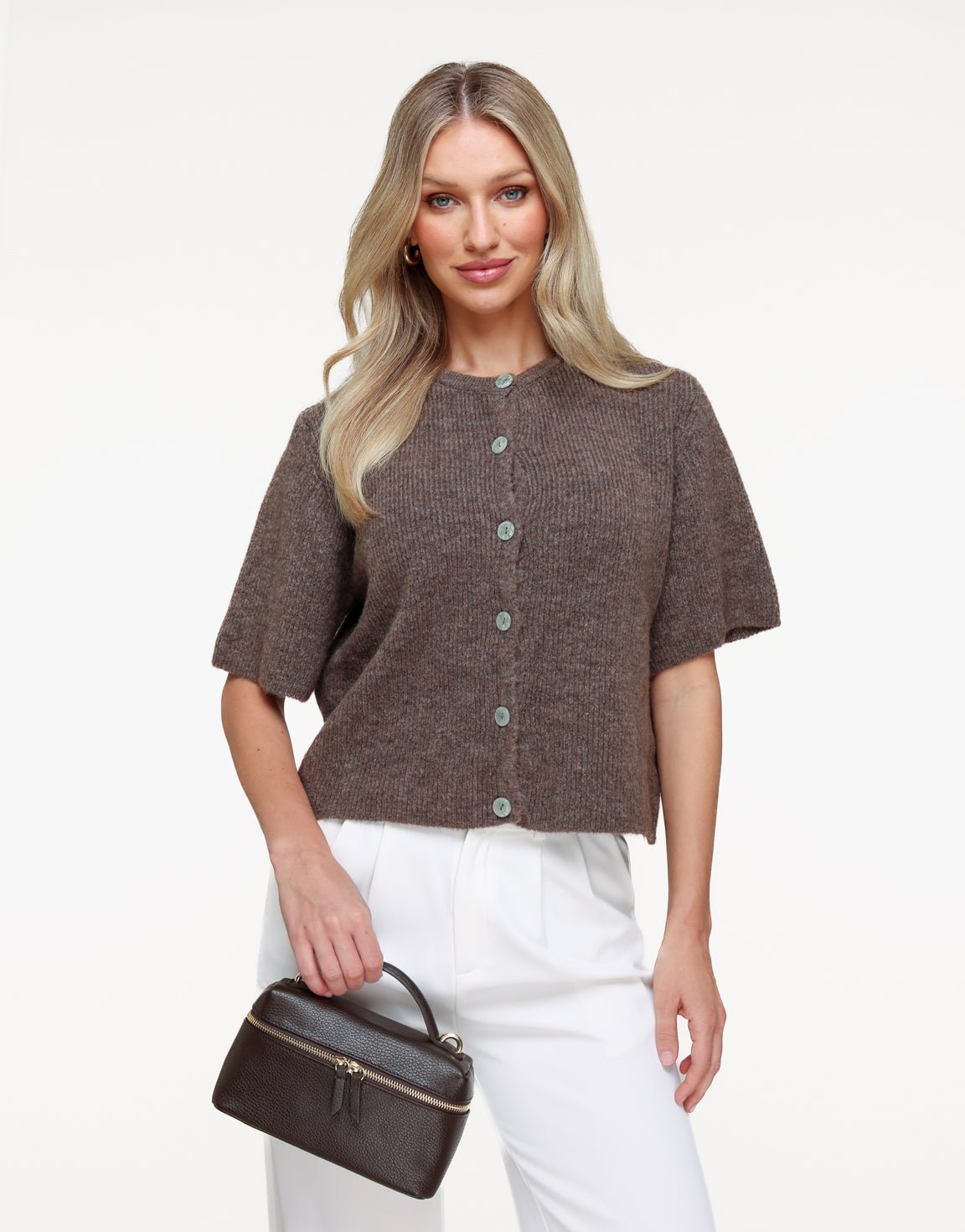 Donkertaupe Gebreide 3/4 Mouwen - Vest - Olivia & Kate