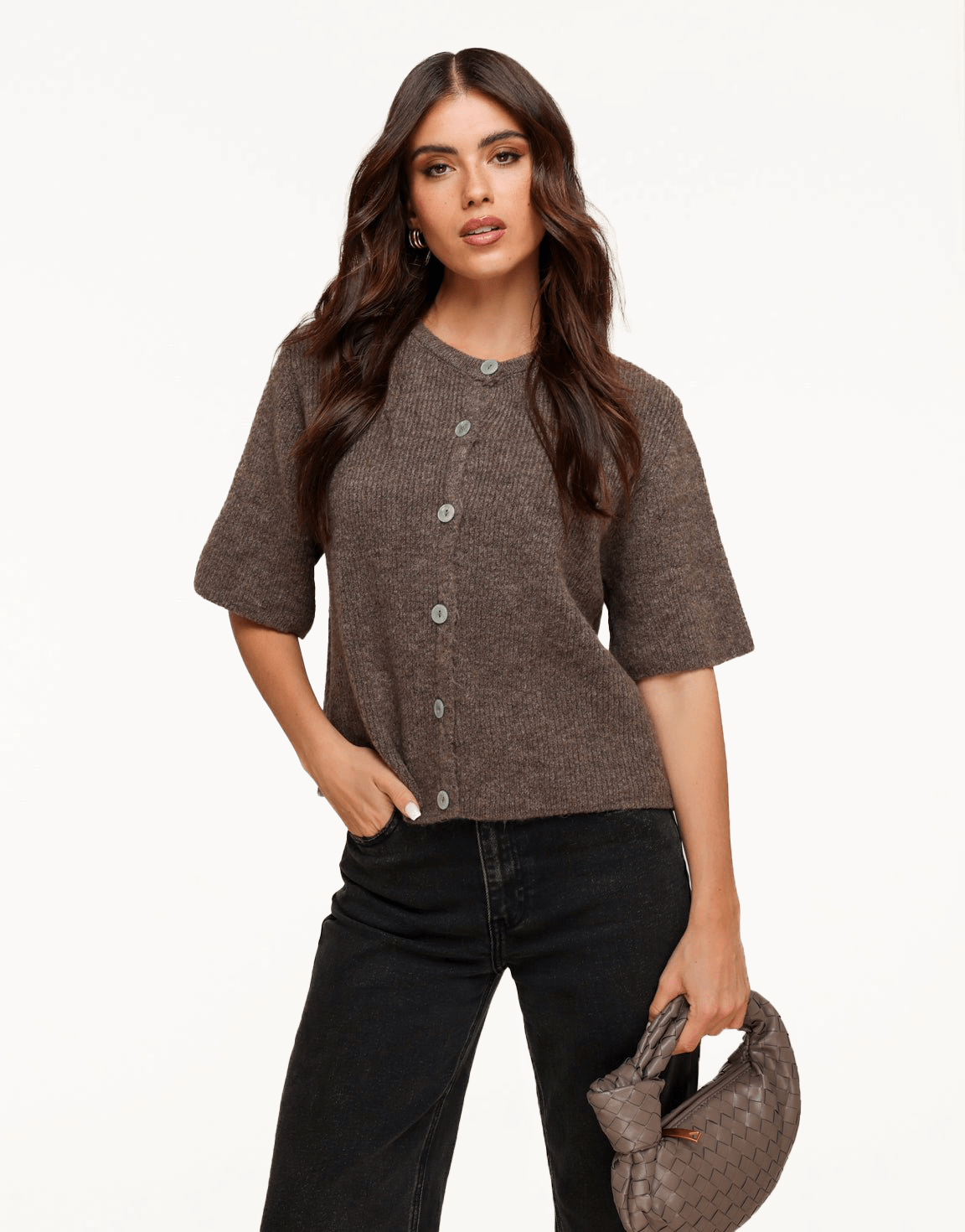 Donkertaupe Gebreide 3/4 Mouwen - Vest - Olivia & Kate