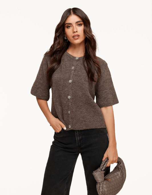 Donkertaupe Gebreide 3/4 Mouwen - Vest - Olivia & Kate