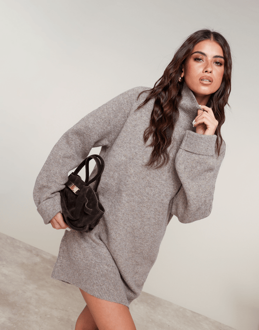 Donkertaupe Gebreide Hoge Kraag - Jurk - Olivia & Kate