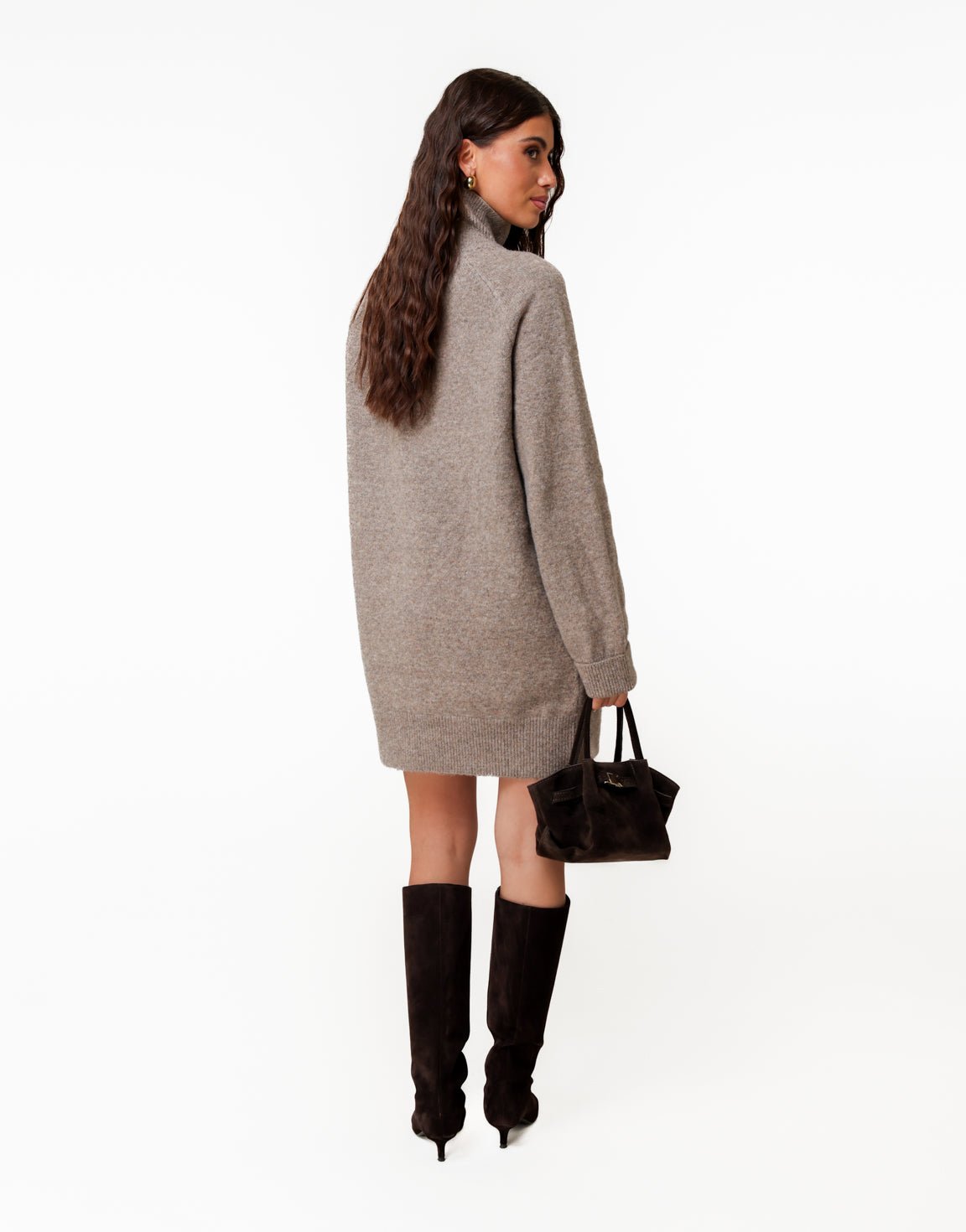 Donkertaupe Gebreide Hoge Kraag - Jurk - Olivia & Kate