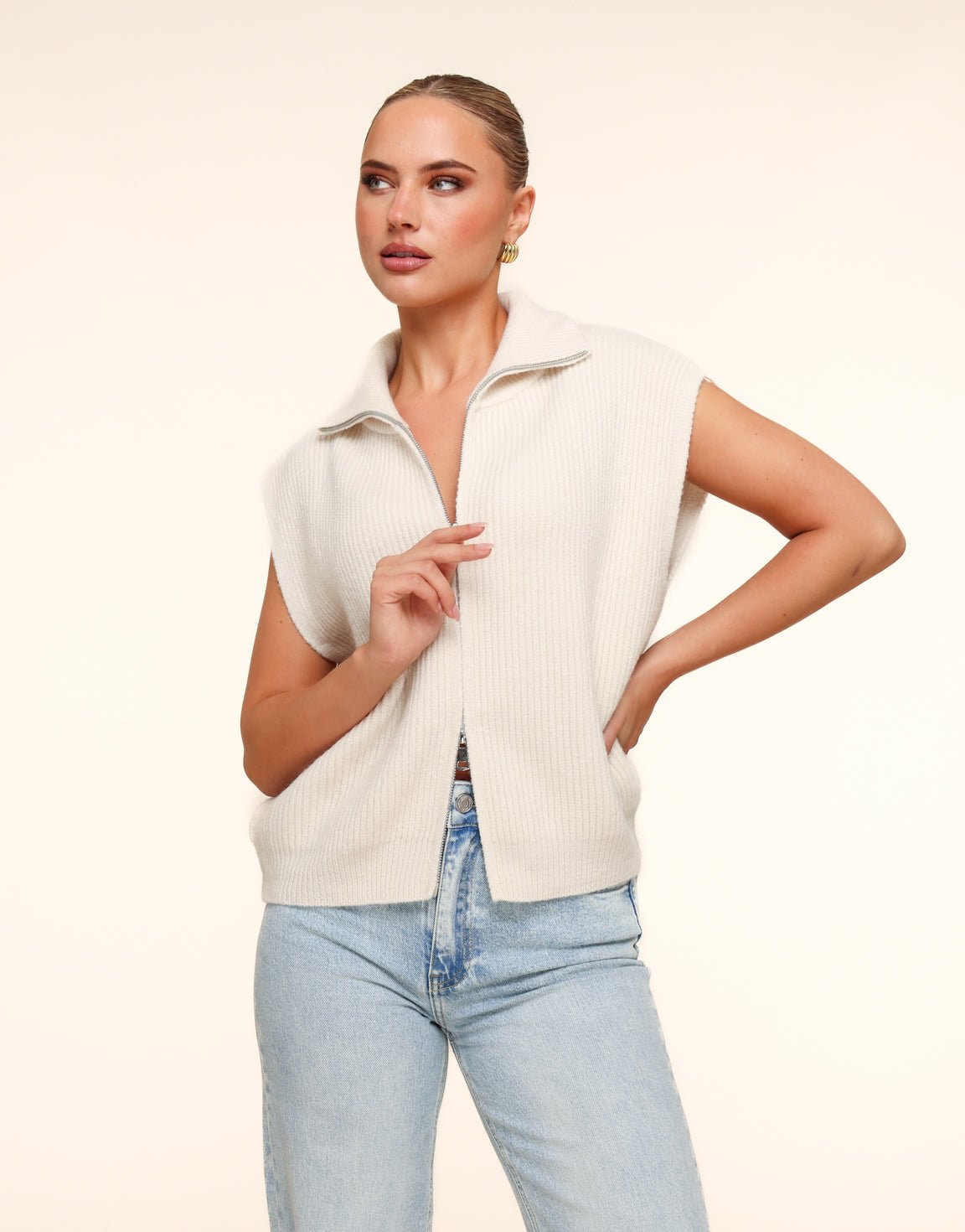 Ecru Gebreide Rits - Gilet - Olivia & Kate