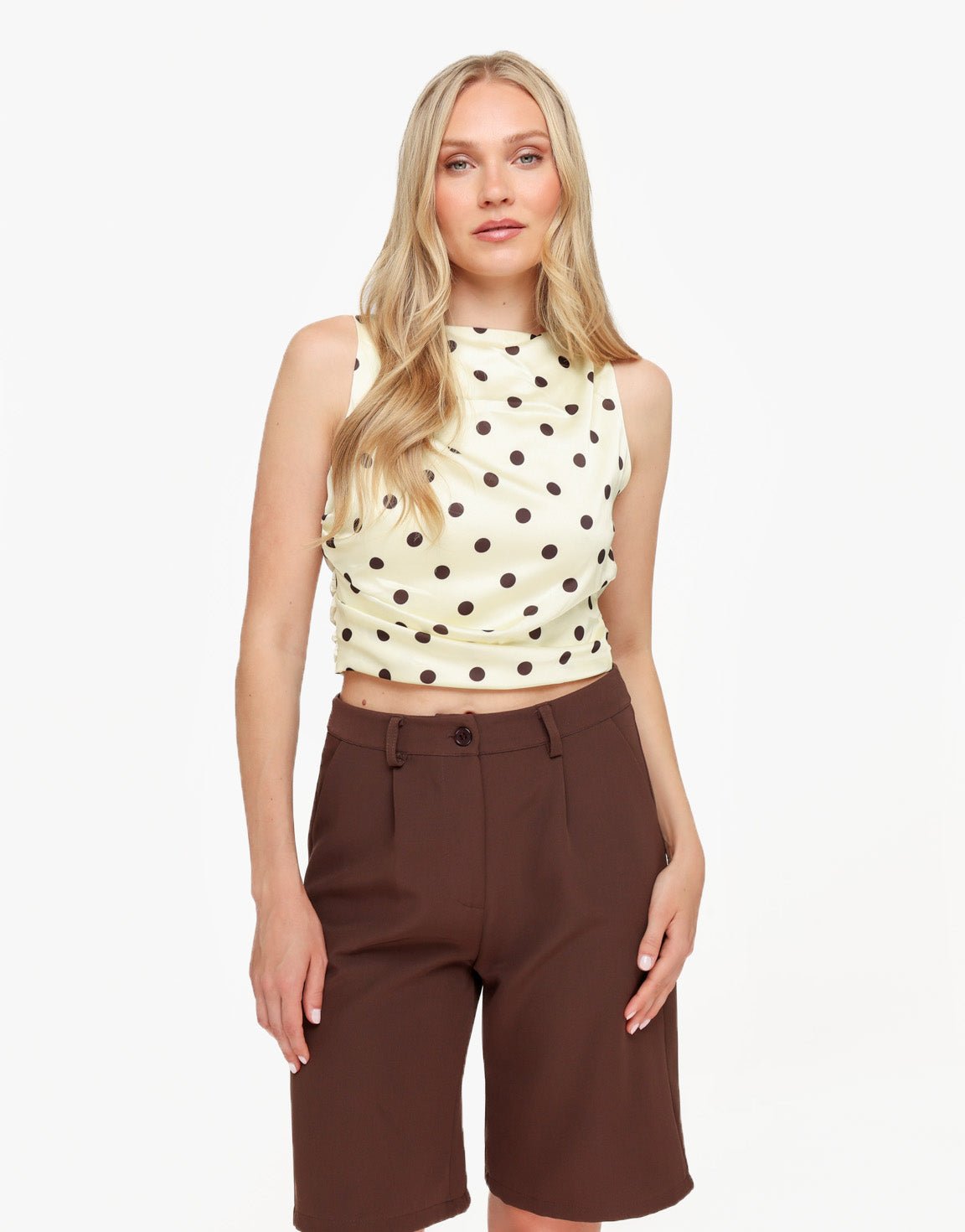 Gele Polkadot Satijnen Open Rug - Top - Olivia & Kate