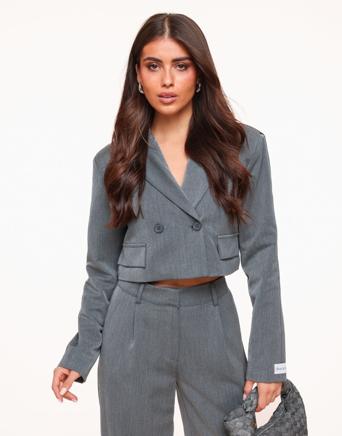 Grijze F/W Edit Cropped LS Blazer - Set - Olivia & Kate