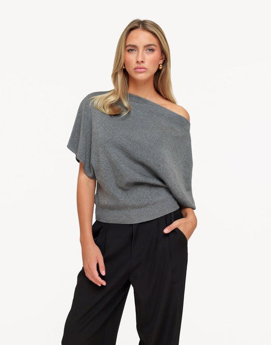 Grijze Gebreide Off Shoulder - Trui - Olivia & Kate