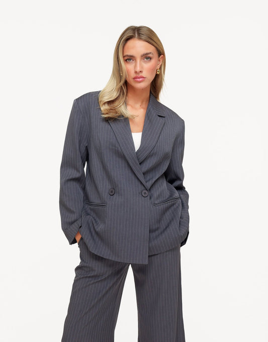 Grijze Gestreepte Oversized - Blazer - Olivia & Kate
