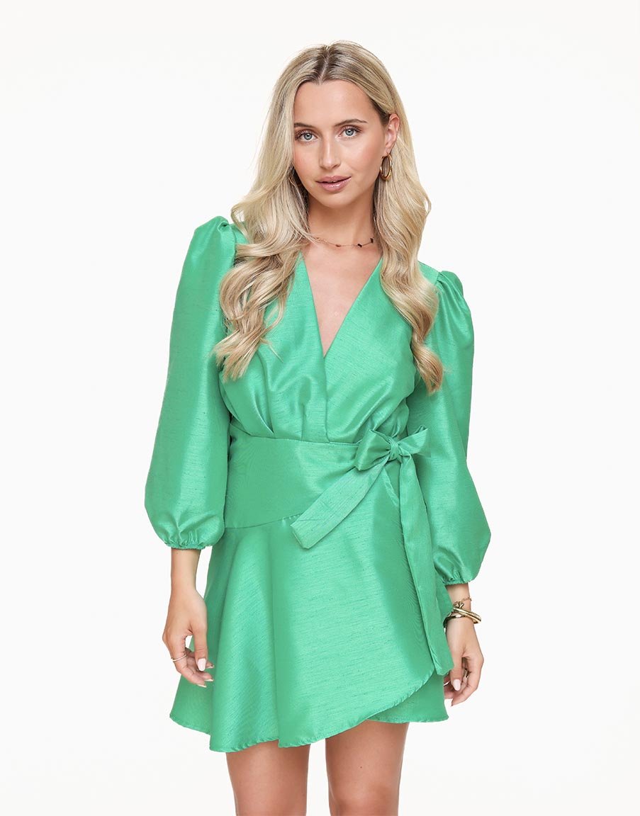 Groene Satijnen Pofmouwen Jurk Olivia Kate Olivia Kate