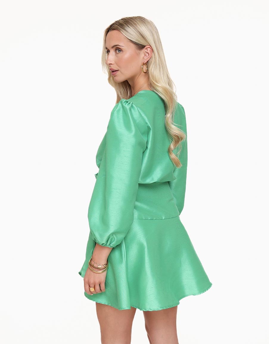 Groene Satijnen Pofmouwen - Jurk - Olivia & Kate