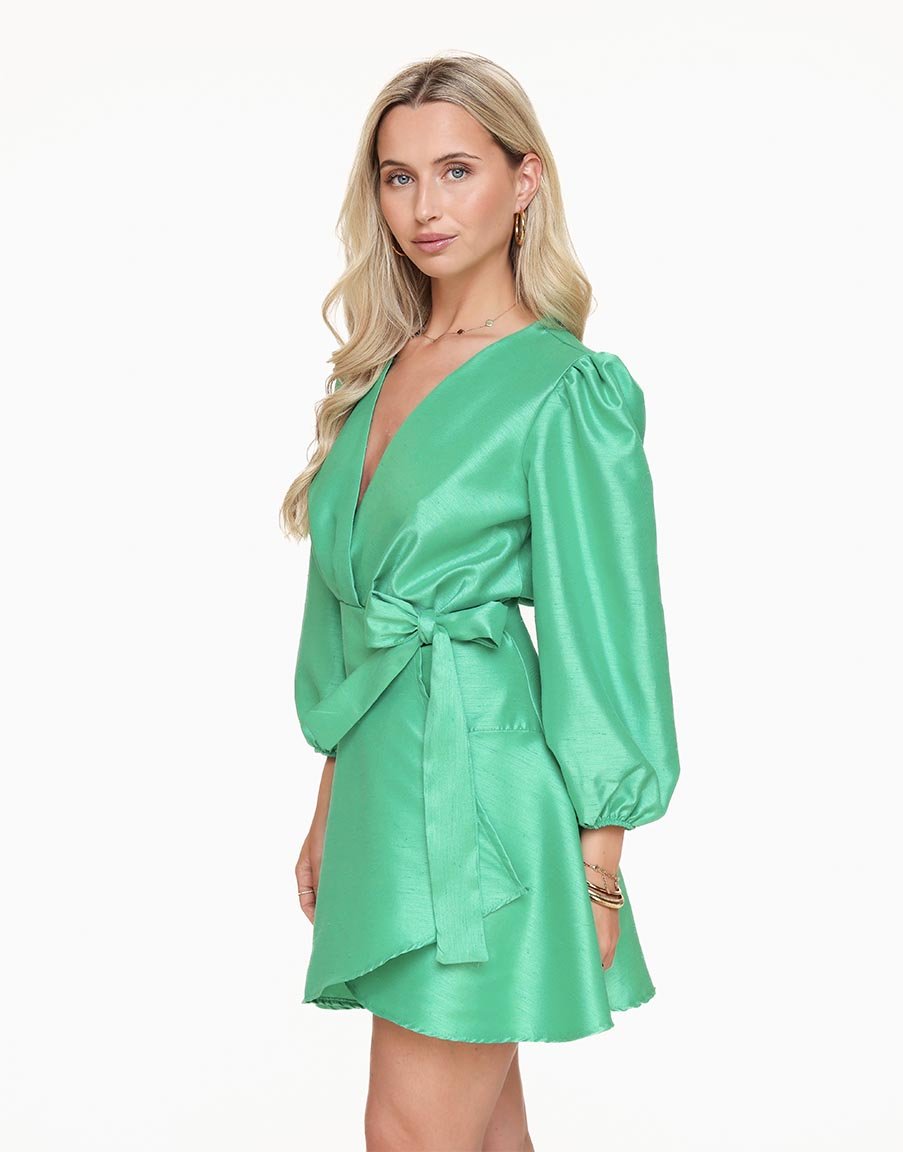 Groene Satijnen Pofmouwen - Jurk - Olivia & Kate