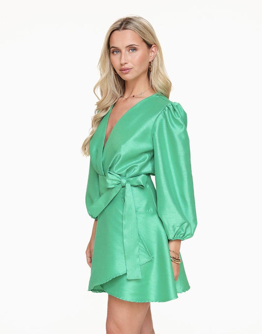 Groene Satijnen Pofmouwen - Jurk - Olivia & Kate