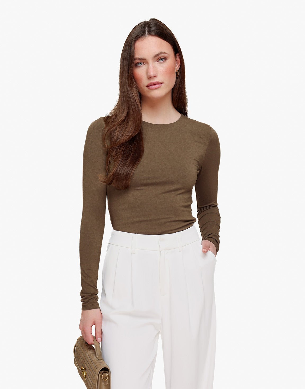 Khaki Basic LS Top + Witte Wijde Pantalon - Set - Olivia & Kate