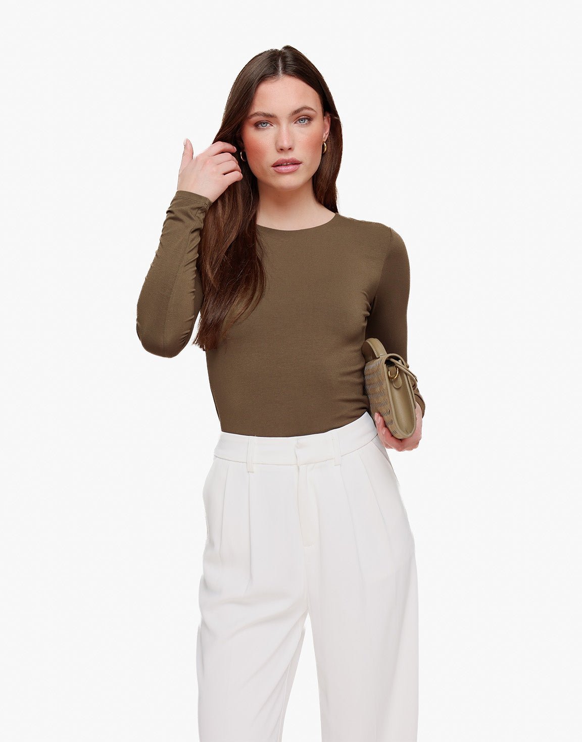 Khaki Basic LS Top + Witte Wijde Pantalon - Set - Olivia & Kate