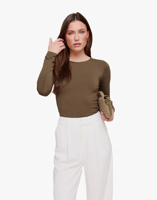Khaki Basic LS Top + Witte Wijde Pantalon - Set - Olivia & Kate